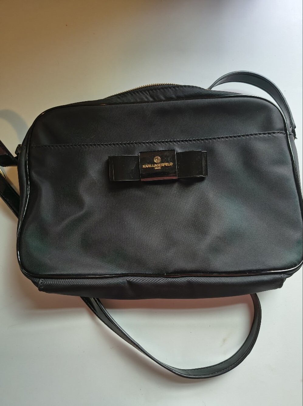 Karl Lagerfeld Black Nylon Messenger Bag with Gold Logo Plaque